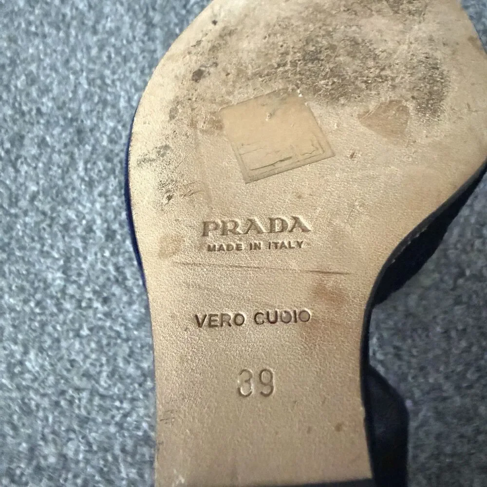 VTG Prada Navy Blue Velvet Wedge Slide Open Toe Mules Sandals Italy 39 Romantic